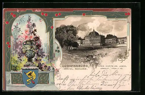 Passepartout-Lithographie Ludwigsburg, Königliches Schloss mit Wappen