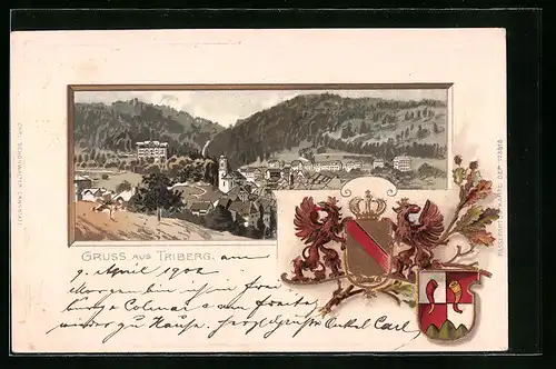 Passepartout-Lithographie Triberg, Ortsansicht mit Wappen