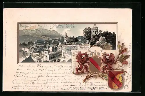 Passepartout-Lithographie Baden-Baden, Ortsansicht mit Wappen