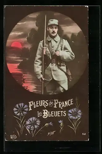 AK Fleurs de France, Les Bleuets, Franz. Soldat in Feldgrau