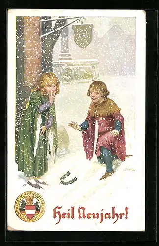 Künstler-AK Heil Neujahr!, Kinder werfen Hufeisen im Schnee