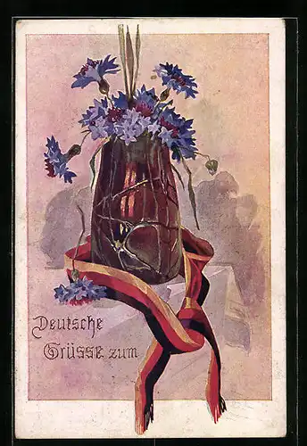 Künstler-AK Deutsche Grüsse zum ..., Vase mit Kornblumen