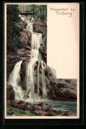 Lithographie Triberg, Partie am Wasserfall