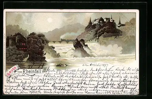 Lithographie Schaffhausen, der Rheinfall, Ausflugsdampfer und Eisenbahn
