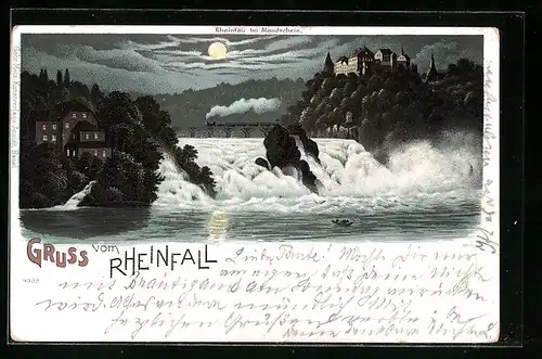 Lithographie Rheinfall, Rheinfall mit Dampfeisenbahn bei Vollmond