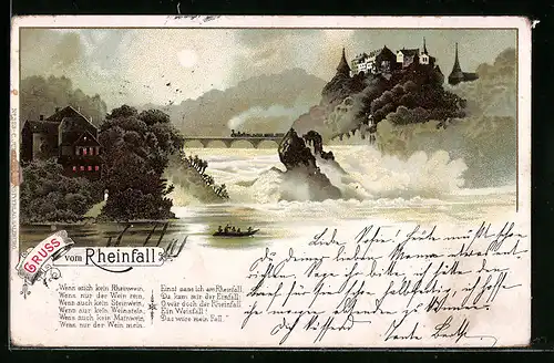 Lithographie Schaffhausen, der Rheinfall in einer mondhellen Nacht