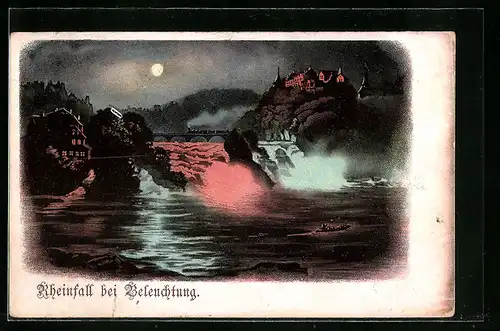 AK Schaffhausen, der Rheinfall bei Beleuchtung, Szene mit Rheinbrücke und Zug