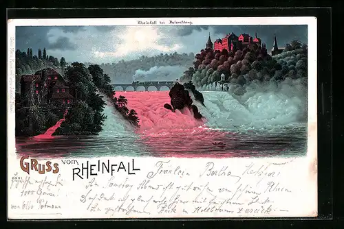 Lithographie Schaffhausen, Rheinfall mit Schloss Laufen bei Nacht