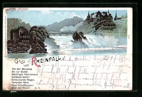 Lithographie Schaffhausen, Panorama mit Rheinfall und Schloss Laufen