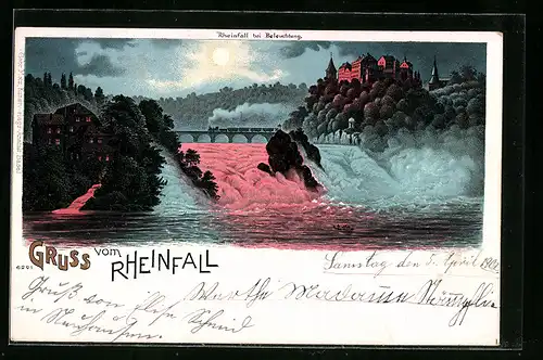 Lithographie Schaffhausen, Rheinfall und Schloss Laufen bei Beleuchtung