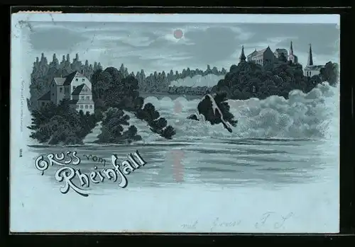 Mondschein-Lithographie Schaffhausen, der schäumende Rheinfall im Silberlicht des Mondes