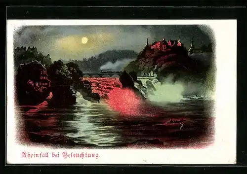 AK Schaffhausen, der Rheinfall bei Nacht, Szene mit Brücke und Zug