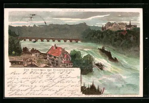 Lithographie Schaffhausen, Panoramablick auf den Rheinfall