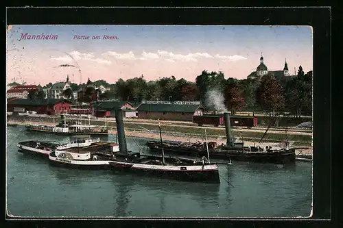 AK Mannheim, Partie am Rhein mit mit Raddampfer