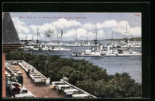 AK Kiel, Blick von der Bellevue-Terrasse auf den Kriegshafen