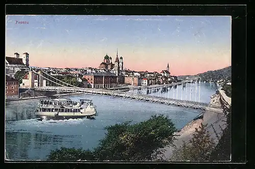 AK Passau, Ortsansicht mit Dampfer auf dem Fluss