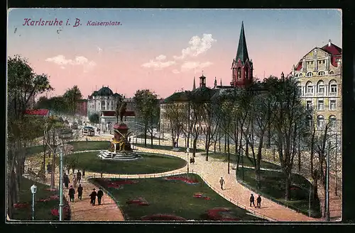 AK Karlsruhe i. B., Blick auf den Kaiserplatz mit Statue