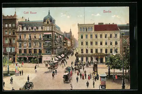 AK Berlin, Blick auf das Café Bauer mit Pferdedroschken