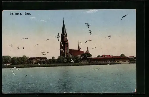 AK Schleswig, Blick übers Wasser auf den Dom