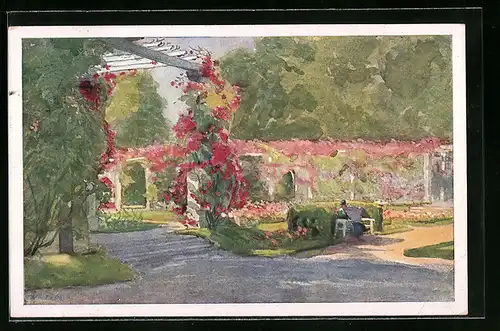 Künstler-AK Karlsruhe, Blick durch den Stadtgarten