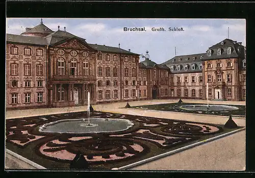 AK Bruchsal, Grossh. Schloss mit Springbrunnen