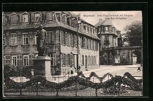 AK Bayreuth, Jean-Paul-Denkmal mit Eingang zum Kgl. Hofgarten