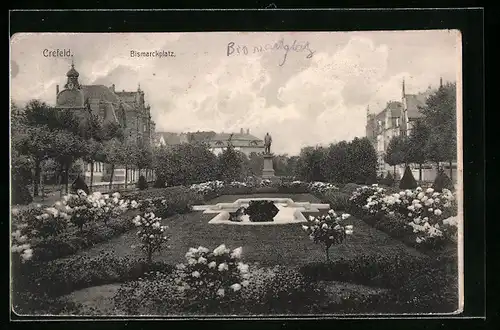 AK Crefeld, Bismarckplatz mit Denkmal
