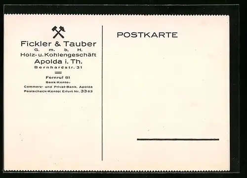 AK Apolda i. Th., Kohlengeschäft Fickler & Tauber, Bernhardstr. 31