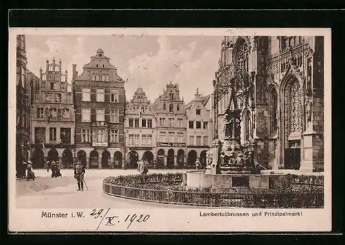 AK Münster i. W., Lambertusbrunnen und Prinzipalmarkt