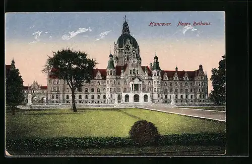 AK Hannover, Neues Rathaus mit Park