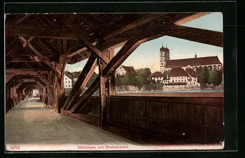 AK Säckingen, Rheinbrücke mit Blick auf die Kirche