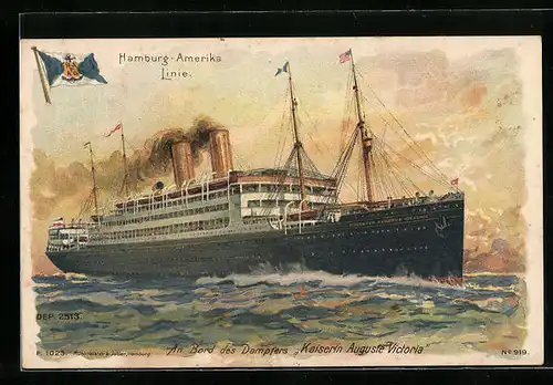 Lithographie Passagierschiff Kaiserin Auguste Victoria der H.-A.-Linie in voller Fahrt