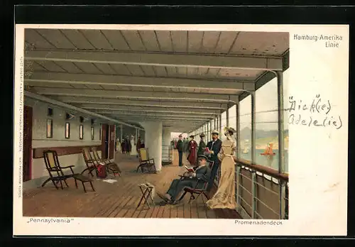 Künstler-AK Passagierschiff Pennsylvania der H.-A.-Linie, Passagiere am Promenadendeck