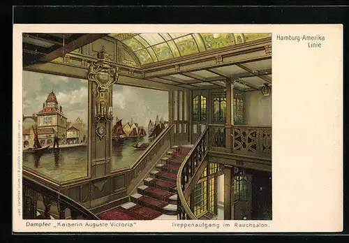 Künstler-AK Passagierschiff Kaiserin Auguste Victoria der H.-A.-Linie, Treppenaufgang im Rauchsalon