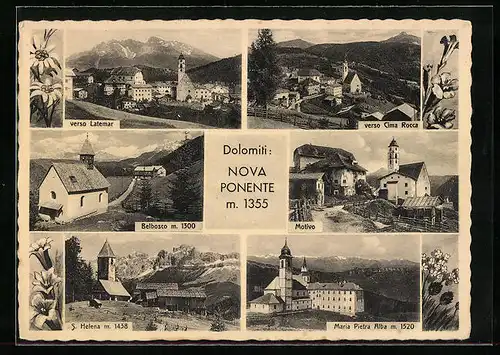 AK Nova Ponente, Ortsansichten mit Bergpanorama und Kirchen