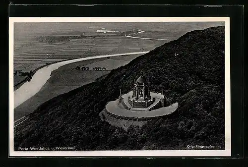 AK Porta Westfalica, Kaiser Wilhelm-Denkmal, Weserlauf, Fliegeraufnahme