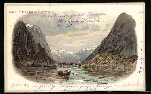Künstler-AK Odde im Sörfjörd, Panorama, Fischer in seinem Ruderboot