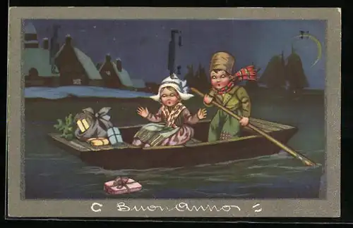 Künstler-AK Kinder im Boot, Art Deco