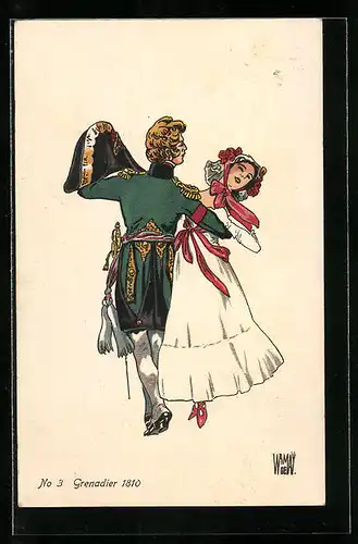 Künstler-AK sign. De Wamay: Schweizer Solat in Uniform tanzt mit Dame, No 3 Grenadier 1810