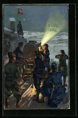 Künstler-AK sign. E. Hodel: Neujahrsnacht, Schweizer Soldaten im Schnee, 1916 Pax