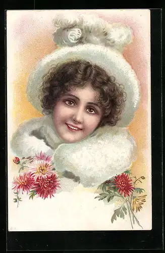 Künstler-AK Winterlich gekleidete Dame, Jugendstil