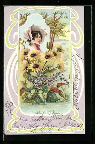 Lithographie Dame mit Hut und Blumen, Jugendstil