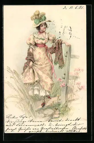 Lithographie Dame im Blumenkleid mit Hut, Jugendstil