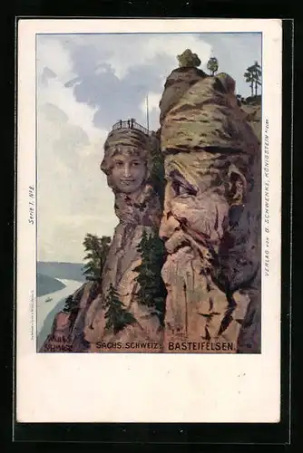 Künstler-AK B. Schwenke Serie 1 No. 2, Sächs. Schweiz, Basteifelsen, Berg mit Gesicht / Berggesichter