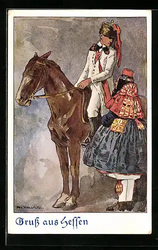 Künstler-AK Otto Ubbelohde: Reiter und junge Frau in hessischer Tracht