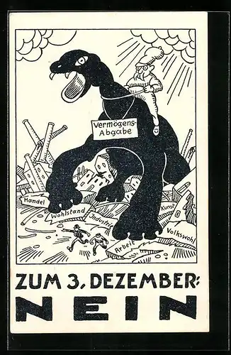 AK Mann reitet auf dem Ungeheuer Vermögensabgabe, Zum 3. Dezember: NEIN, Arbeiterbewegung