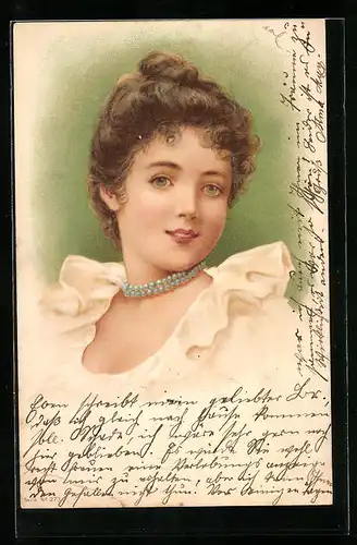 Lithographie Junge Dame mit Stirnlocken und Perlenkette, Jugendstil