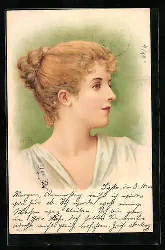 Lithographie Seitenportrait einer jungen Dame mit Stirnlocken, Jugendstil