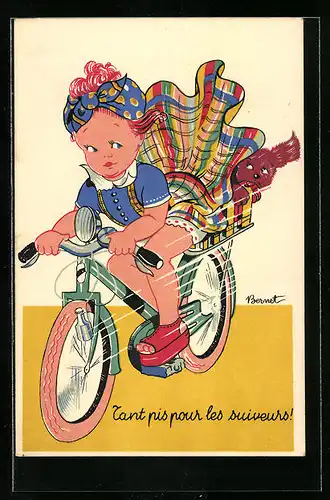 Künstler-AK sign. Bernet: Mädchen und Hündchen bei der Fahrt auf einem Fahrrad