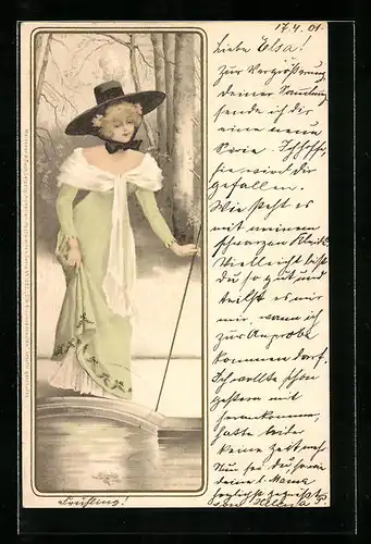 Lithographie Junge Dame beim Spaziergang, Jugendstil